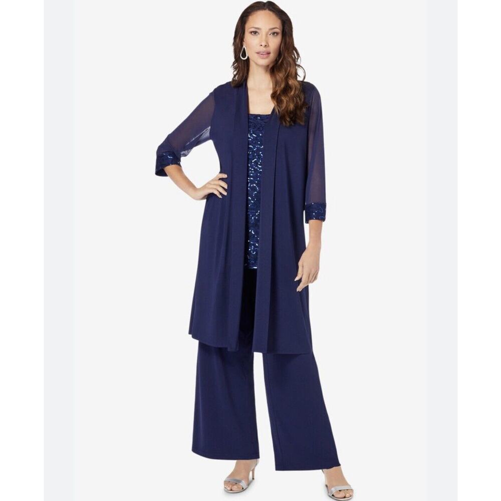 NWT Roaman’s $229 Navy Blue 3-piece Lace &‎ Sequin Duster Pant Set Plus Size 38W